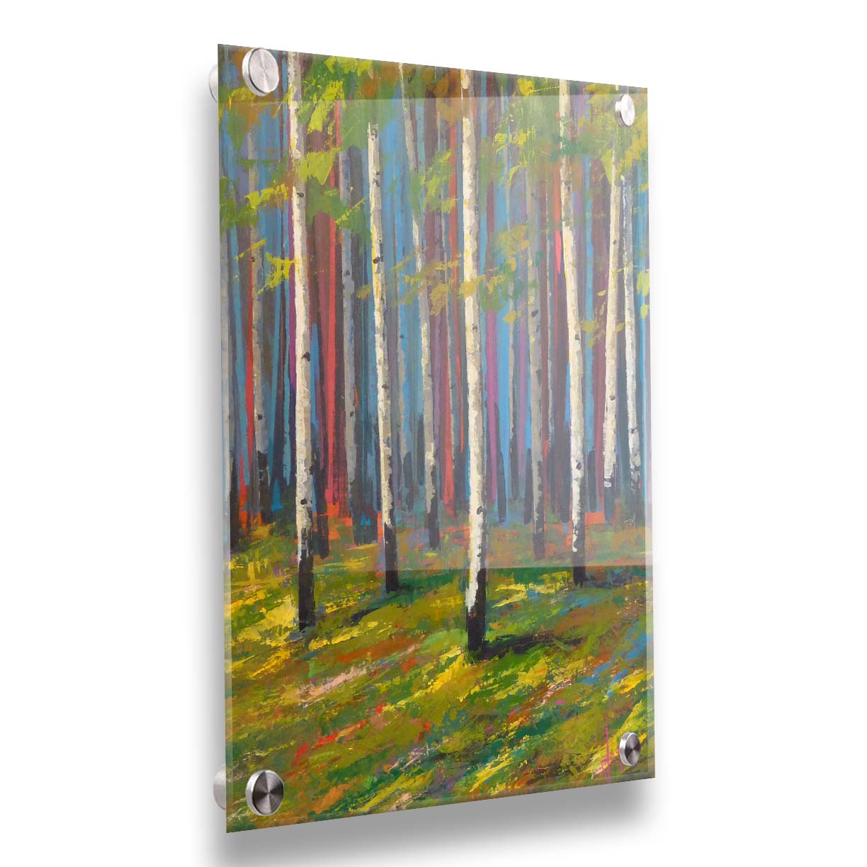 A painting of a white birch forest on verdant grass, with arbitrarily colored blue, red, and purple birches in the background. Printed on acrylic.