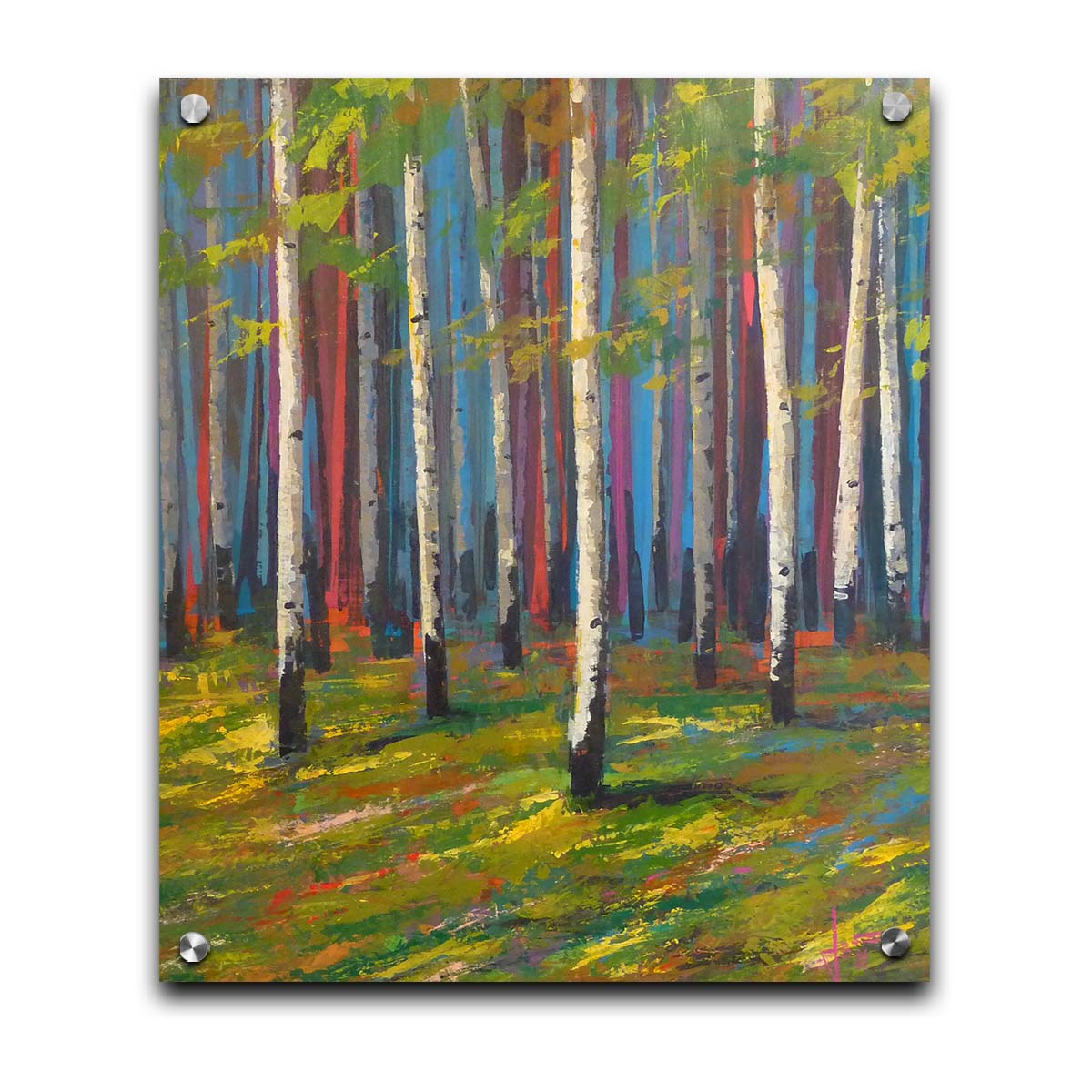 A painting of a white birch forest on verdant grass, with arbitrarily colored blue, red, and purple birches in the background. Printed on acrylic.