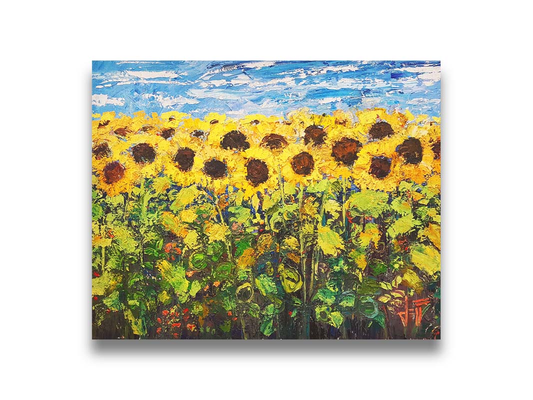 An expressive painting of a yellow field of sunflowers against a bright blue sky. It is highly textured with visible brushstrokes and thick paint. Printed on canvas.