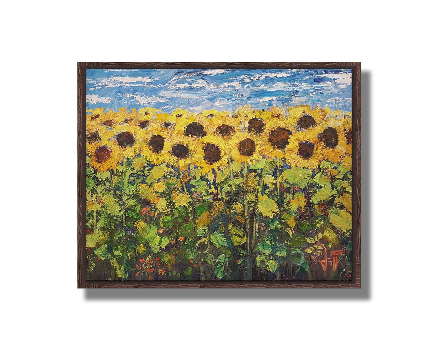 An expressive painting of a yellow field of sunflowers against a bright blue sky. It is highly textured with visible brushstrokes and thick paint. Printed on canvas in a float frame.