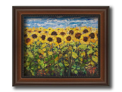 An expressive painting of a yellow field of sunflowers against a bright blue sky. It is highly textured with visible brushstrokes and thick paint. Printed on canvas and framed.