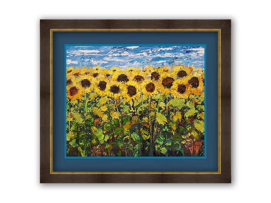 An expressive painting of a yellow field of sunflowers against a bright blue sky. It is highly textured with visible brushstrokes and thick paint. Printed on paper, matted, and framed.