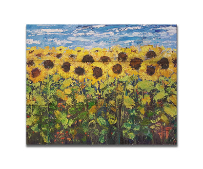 An expressive painting of a yellow field of sunflowers against a bright blue sky. It is highly textured with visible brushstrokes and thick paint. Printed on a box board.