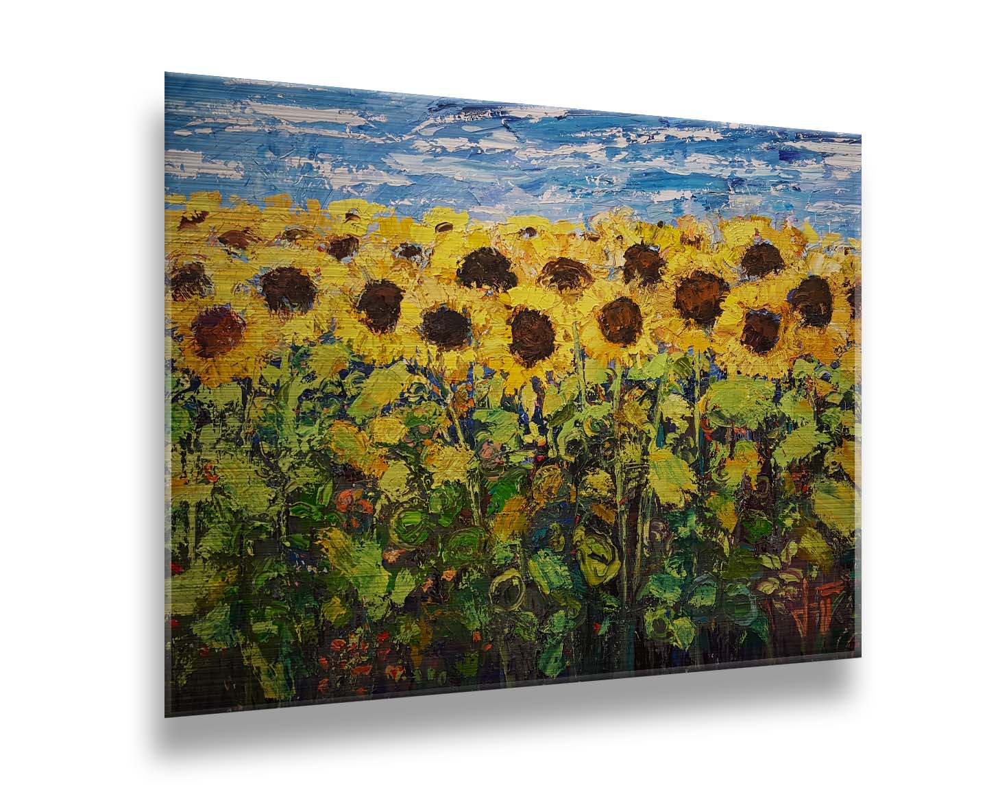 An expressive painting of a yellow field of sunflowers against a bright blue sky. It is highly textured with visible brushstrokes and thick paint. Printed on metal.