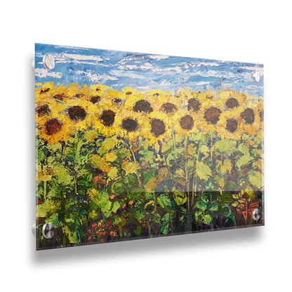 An expressive painting of a yellow field of sunflowers against a bright blue sky. It is highly textured with visible brushstrokes and thick paint. Printed on acrylic.