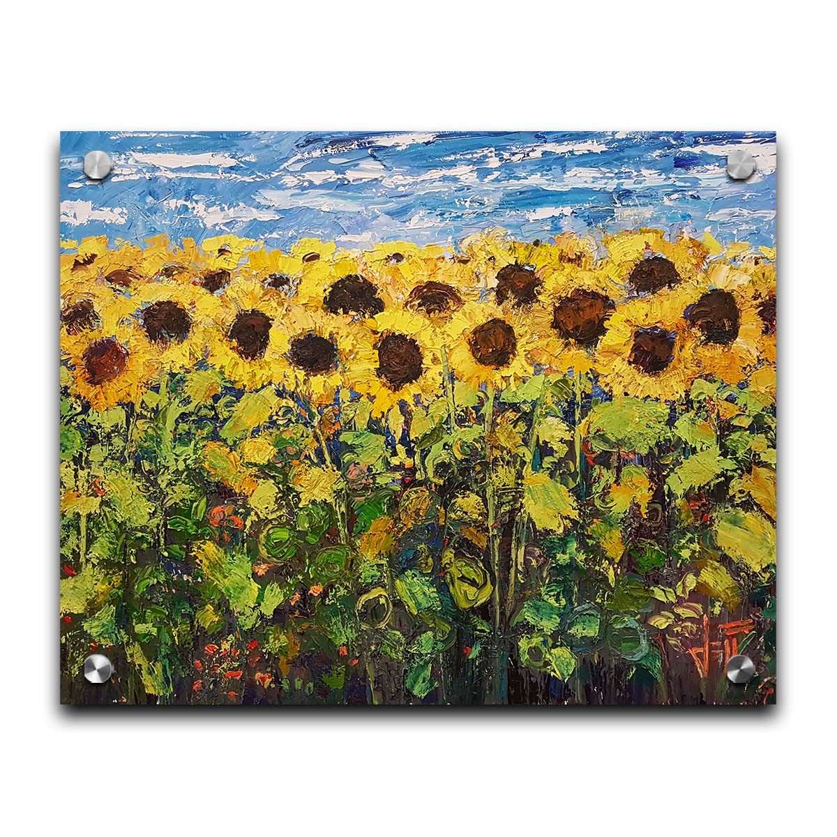 An expressive painting of a yellow field of sunflowers against a bright blue sky. It is highly textured with visible brushstrokes and thick paint. Printed on acrylic.