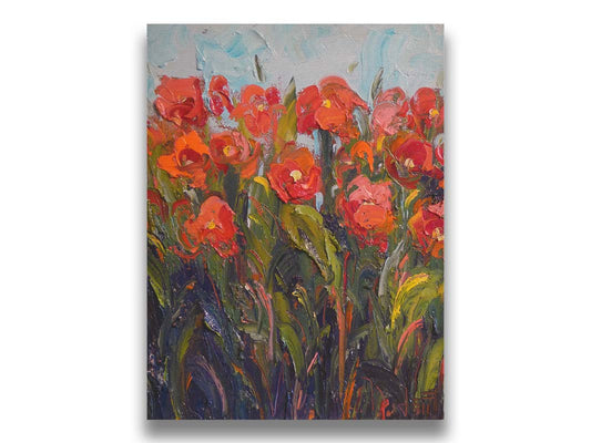 An expressive painting of a bunch of red flowers, made with thick brushes of paint. Printed on canvas.