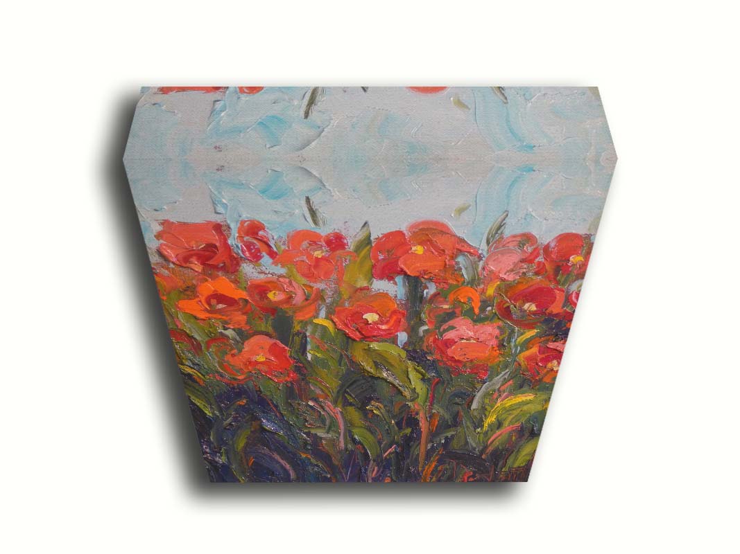 An expressive painting of a bunch of red flowers, made with thick brushes of paint. Printed on canvas.