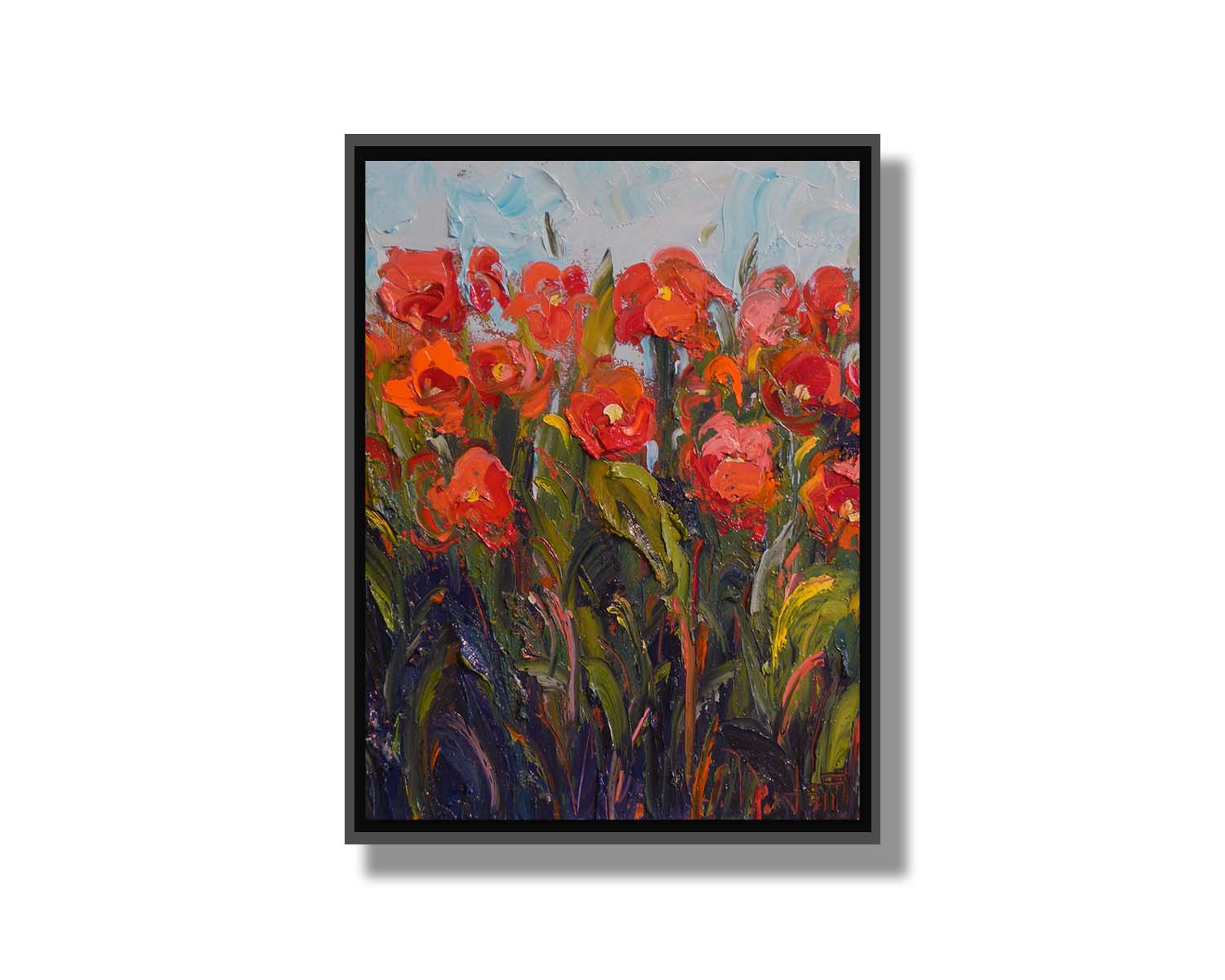 An expressive painting of a bunch of red flowers, made with thick brushes of paint. Printed on canvas in a float frame.