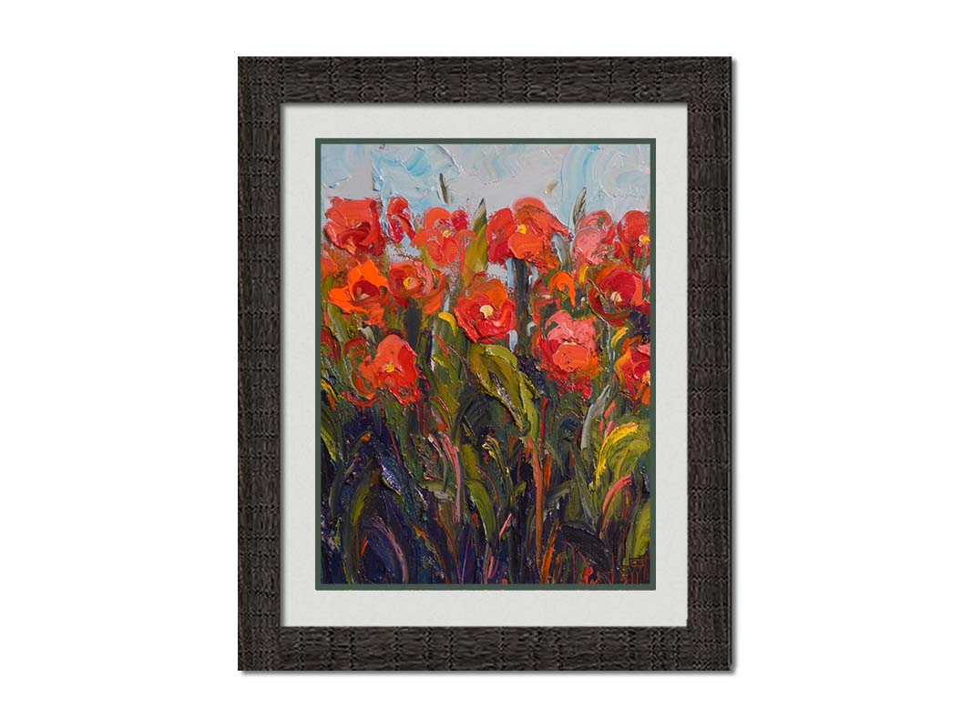 An expressive painting of a bunch of red flowers, made with thick brushes of paint. Printed on paper, matted, and framed.