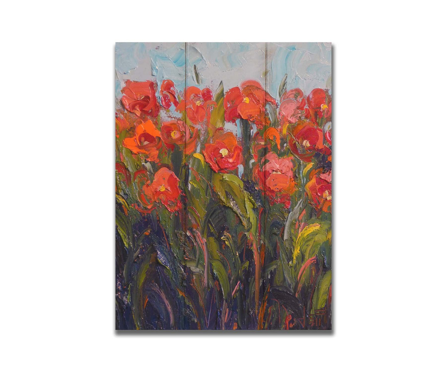 An expressive painting of a bunch of red flowers, made with thick brushes of paint. Printed on a box board.