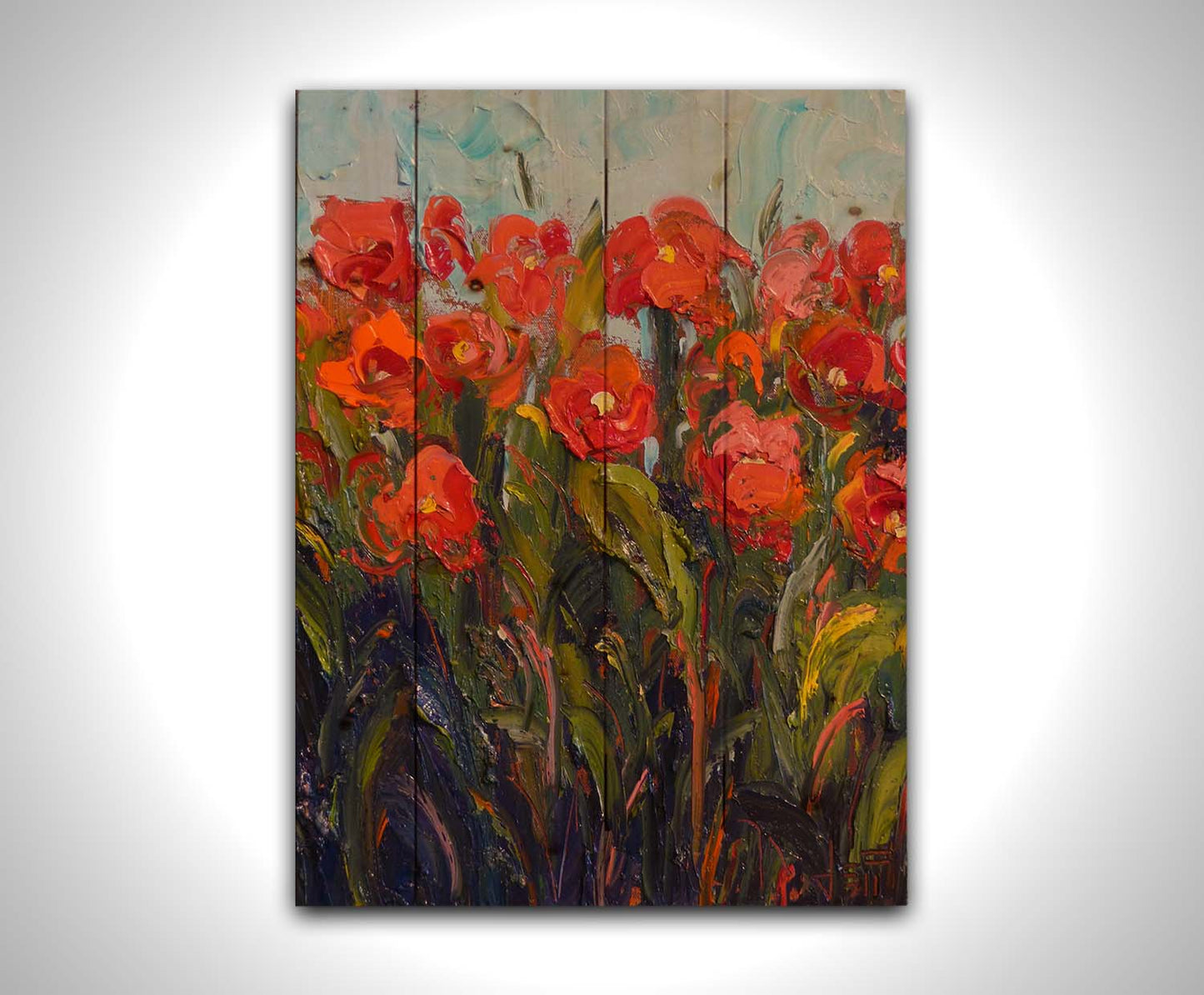 An expressive painting of a bunch of red flowers, made with thick brushes of paint. Printed on a wood pallet.