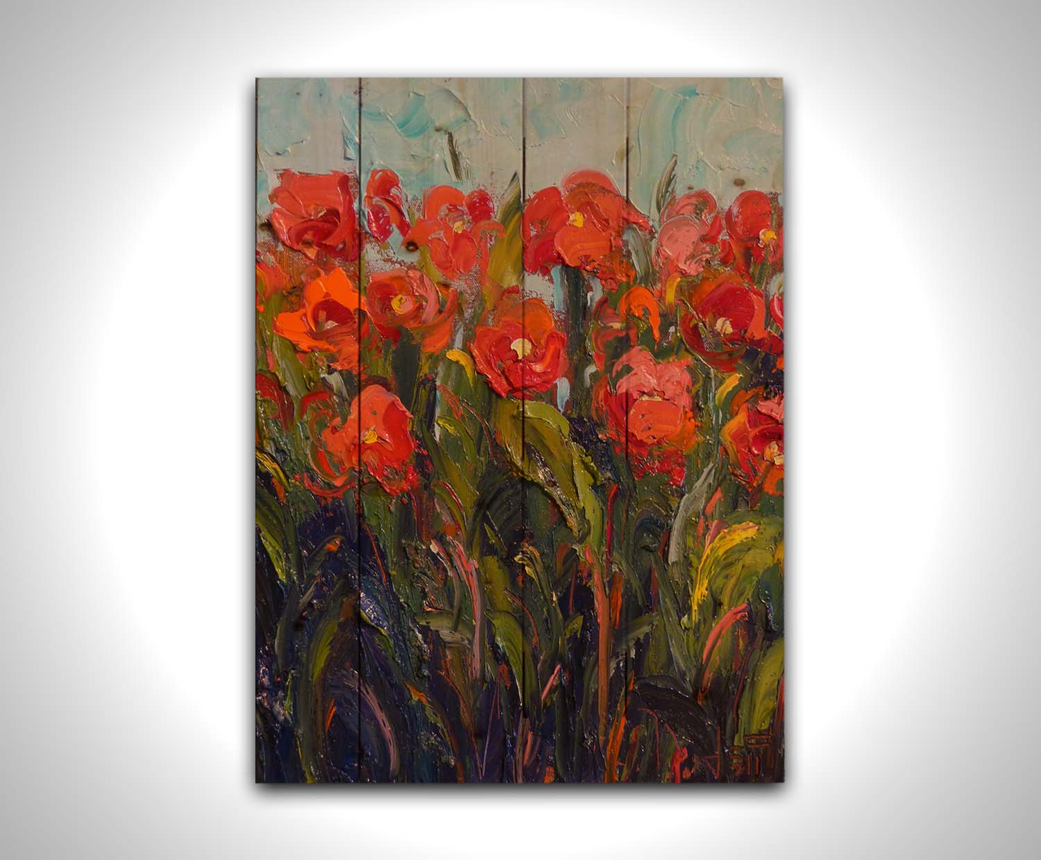 An expressive painting of a bunch of red flowers, made with thick brushes of paint. Printed on a wood pallet.