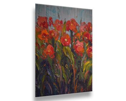 An expressive painting of a bunch of red flowers, made with thick brushes of paint. Printed on metal.