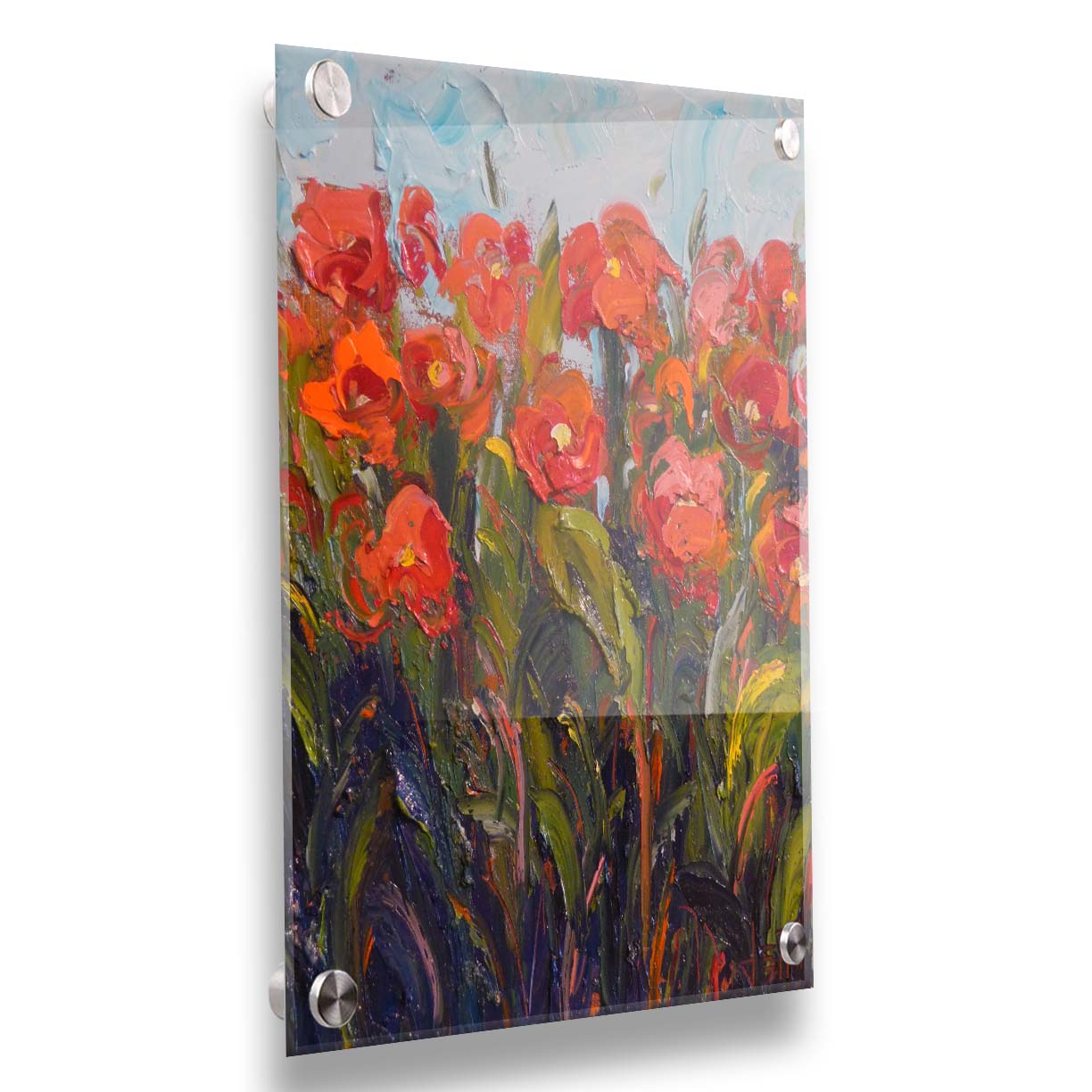 An expressive painting of a bunch of red flowers, made with thick brushes of paint. Printed on acrylic.