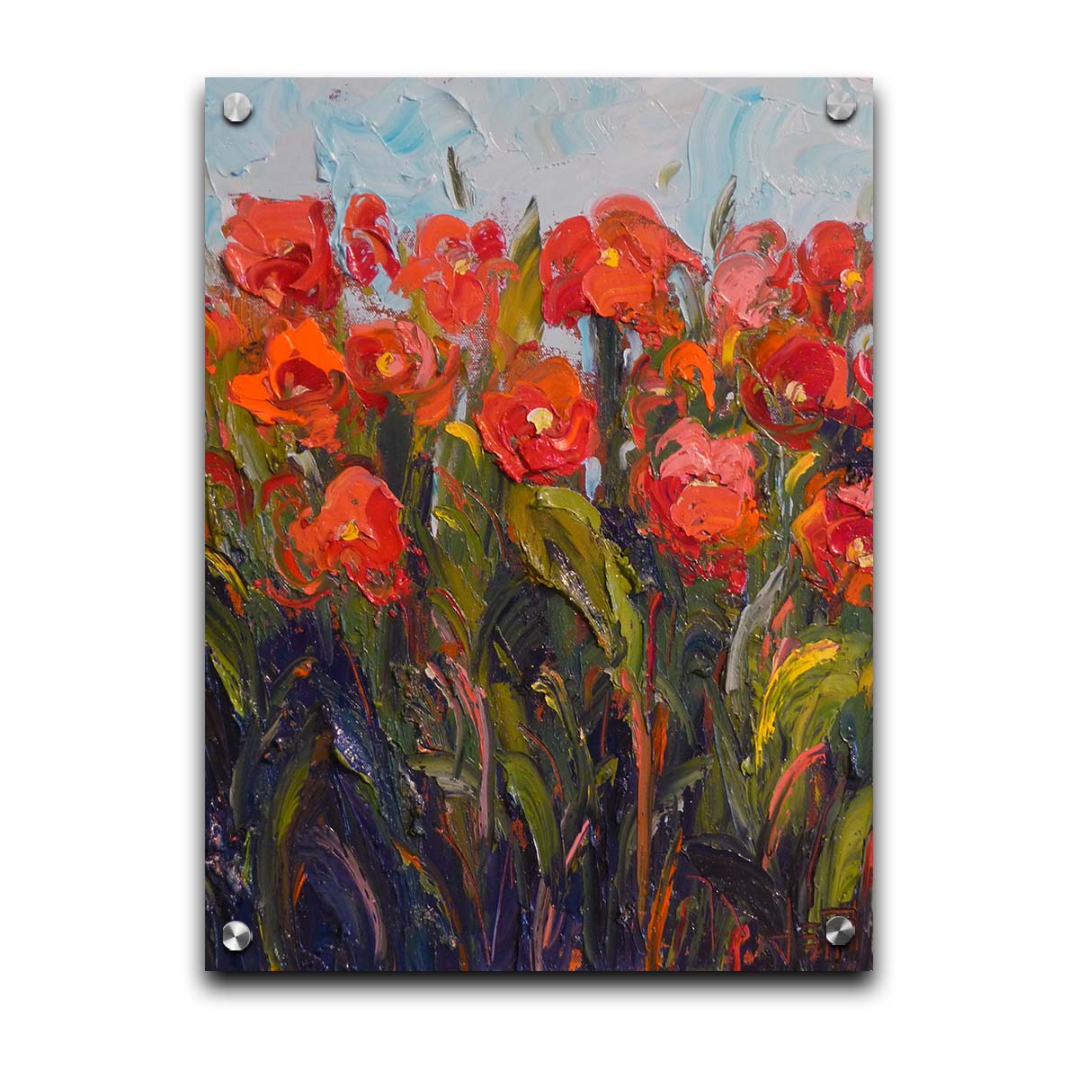 An expressive painting of a bunch of red flowers, made with thick brushes of paint. Printed on acrylic.