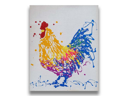 A drip painting of a brightly colored yellow and blue rooster, accented with red, pink, green, and purple. Printed on canvas.