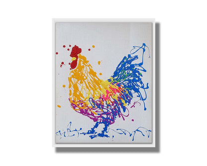 A drip painting of a brightly colored yellow and blue rooster, accented with red, pink, green, and purple. Printed on canvas in a float frame.