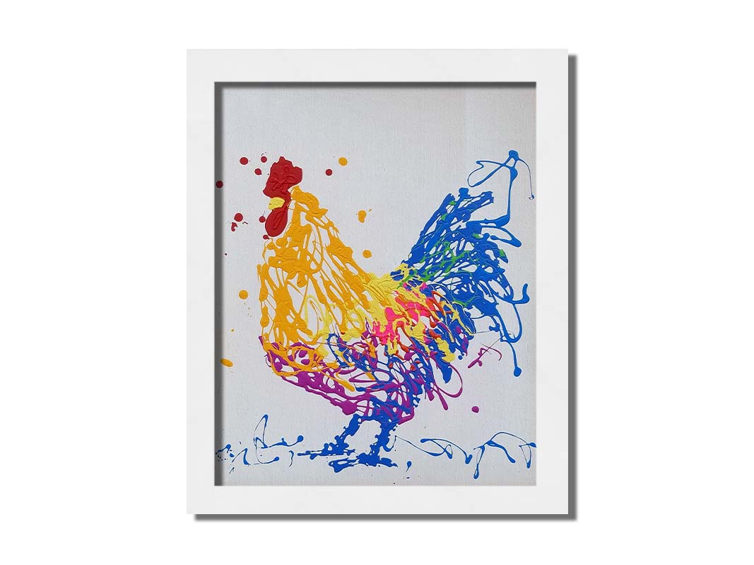 A drip painting of a brightly colored yellow and blue rooster, accented with red, pink, green, and purple. Printed on canvas and framed.