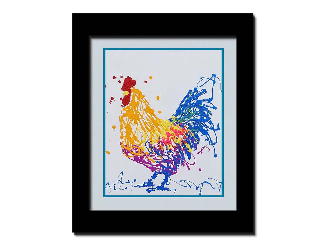 A drip painting of a brightly colored yellow and blue rooster, accented with red, pink, green, and purple. Printed on paper, matted, and framed.