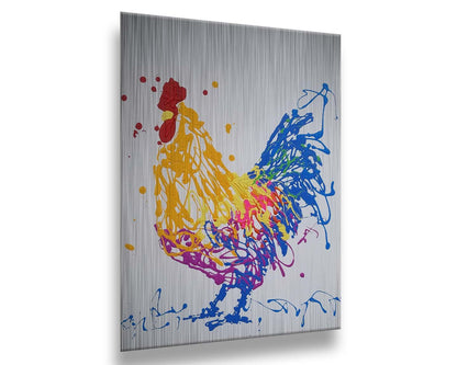 A drip painting of a brightly colored yellow and blue rooster, accented with red, pink, green, and purple. Printed on metal.