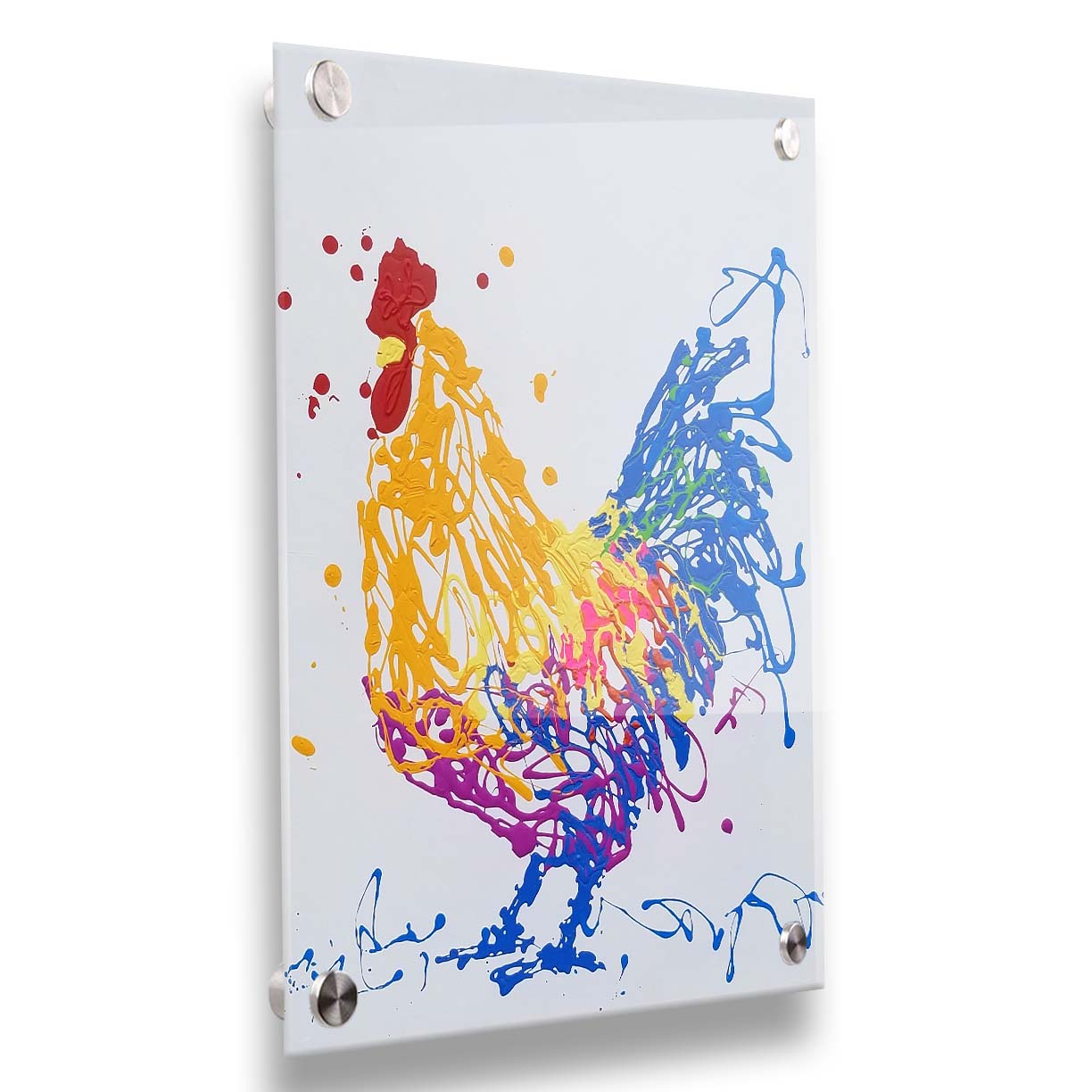 A drip painting of a brightly colored yellow and blue rooster, accented with red, pink, green, and purple. Printed on acrylic.