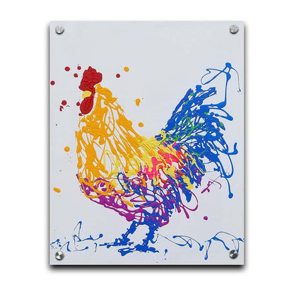 A drip painting of a brightly colored yellow and blue rooster, accented with red, pink, green, and purple. Printed on acrylic.