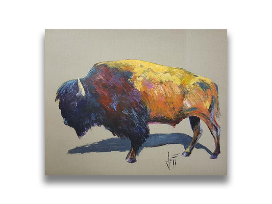 A painting of a bison on a gray background. The bison is highly textured with visible brushstrokes, with accents of contrasting arbitrary colors. Printed on canvas.