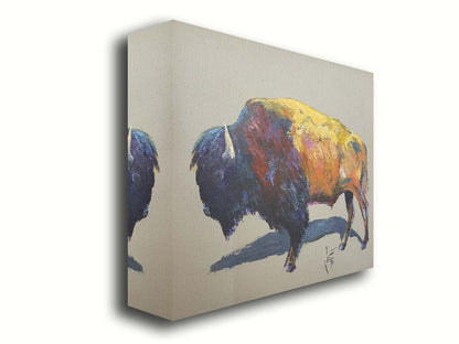 A painting of a bison on a gray background. The bison is highly textured with visible brushstrokes, with accents of contrasting arbitrary colors. Printed on canvas.