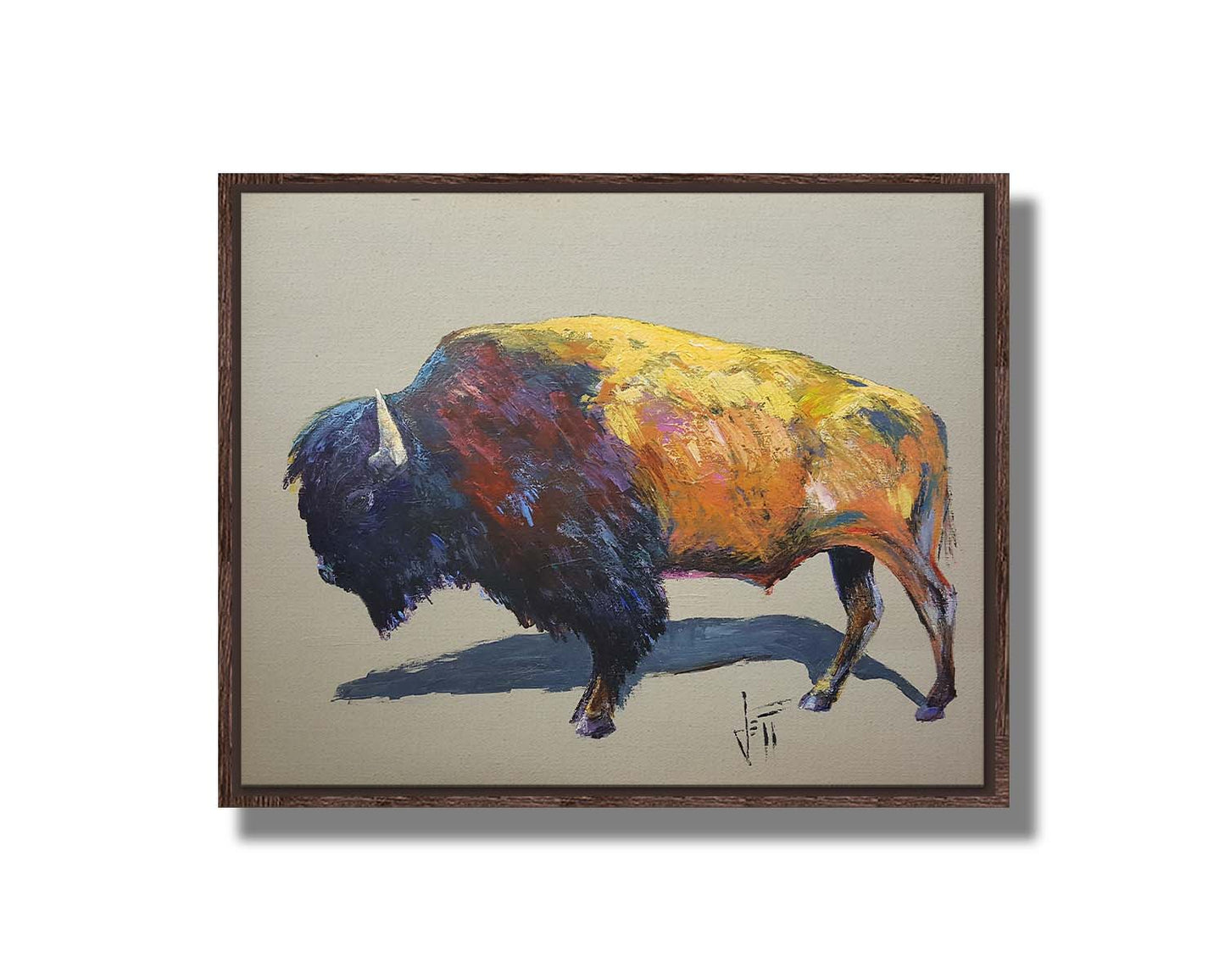 A painting of a bison on a gray background. The bison is highly textured with visible brushstrokes, with accents of contrasting arbitrary colors. Printed on canvas in a flaot frame.