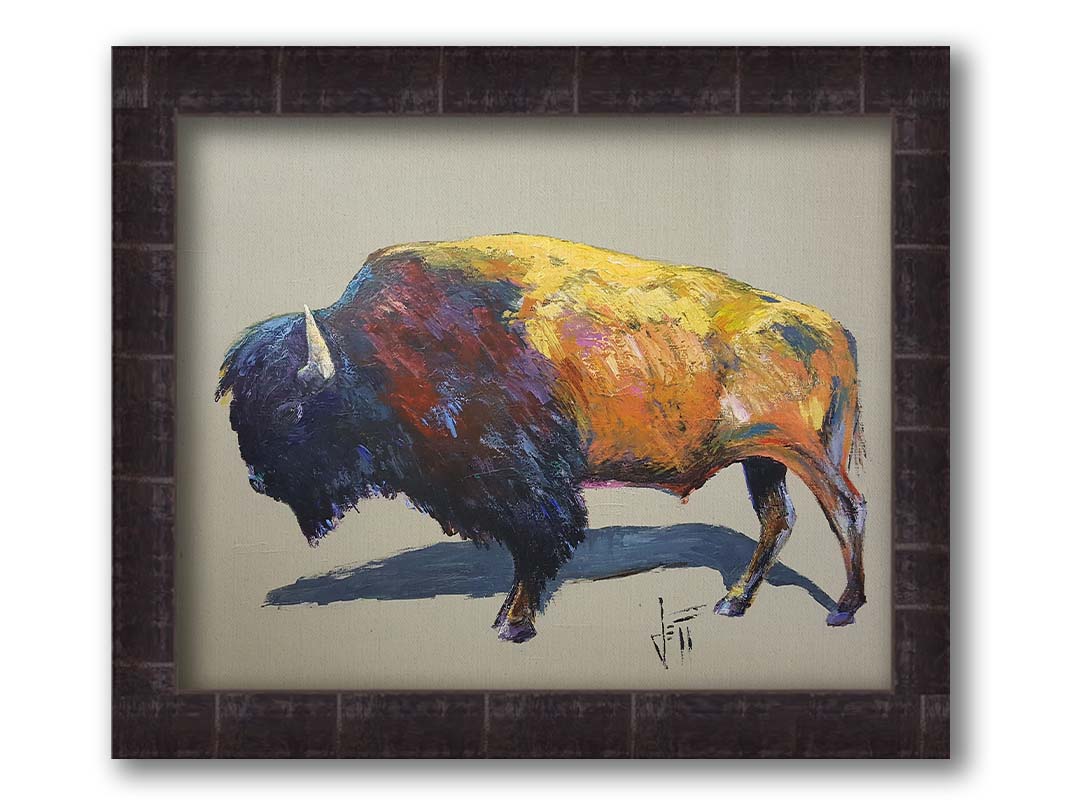 A painting of a bison on a gray background. The bison is highly textured with visible brushstrokes, with accents of contrasting arbitrary colors. Printed on canvas and framed.