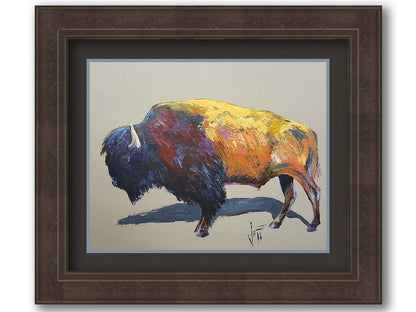 A painting of a bison on a gray background. The bison is highly textured with visible brushstrokes, with accents of contrasting arbitrary colors. Printed on paper, matted, and framed.