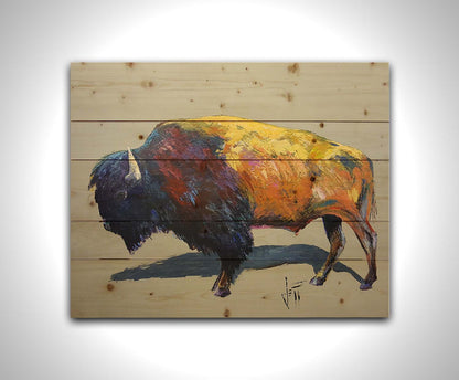 A painting of a bison on a gray background. The bison is highly textured with visible brushstrokes, with accents of contrasting arbitrary colors. Printed on a wood pallet.