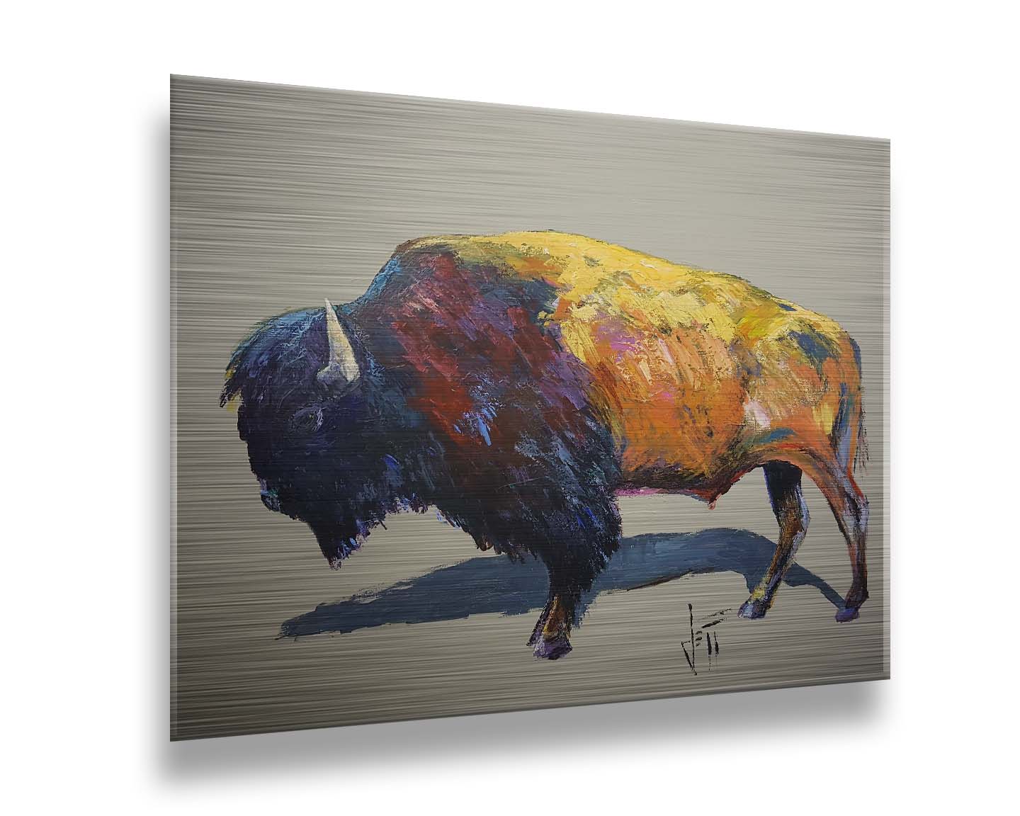 A painting of a bison on a gray background. The bison is highly textured with visible brushstrokes, with accents of contrasting arbitrary colors. Printed on metal.