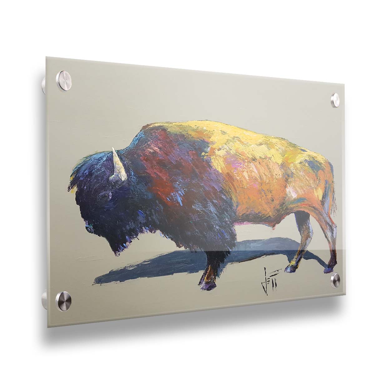 A painting of a bison on a gray background. The bison is highly textured with visible brushstrokes, with accents of contrasting arbitrary colors. Printed on acrylic.