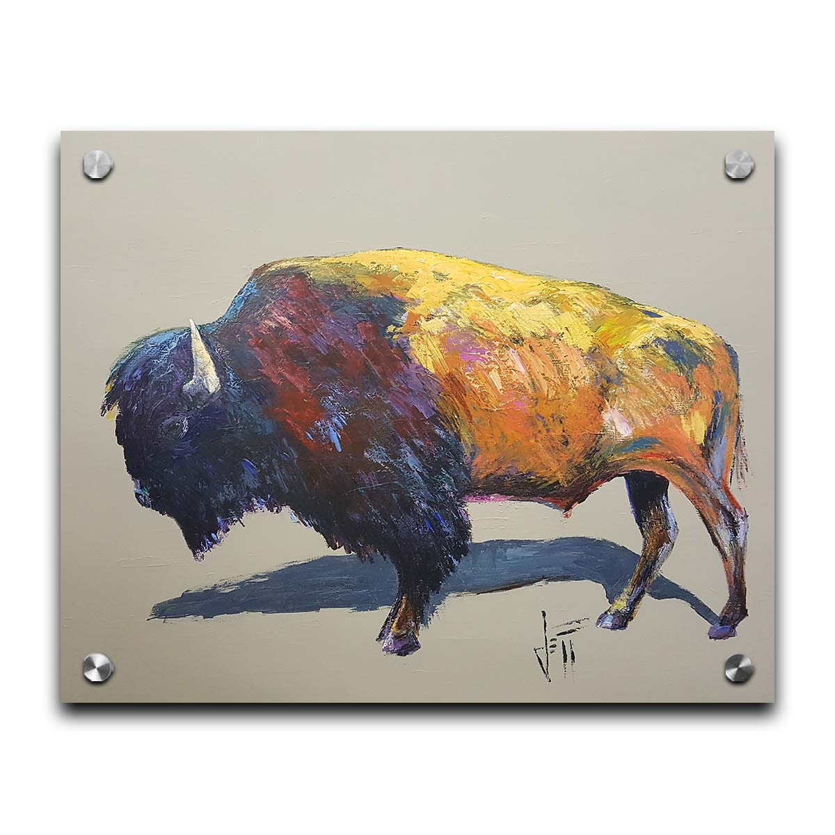 A painting of a bison on a gray background. The bison is highly textured with visible brushstrokes, with accents of contrasting arbitrary colors. Printed on acrylic.