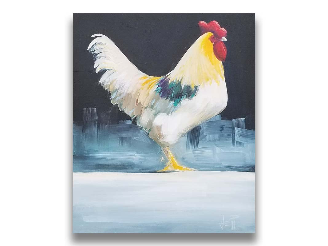 A painting of a rooster in soft lighting against a dark background. Printed on canvas.