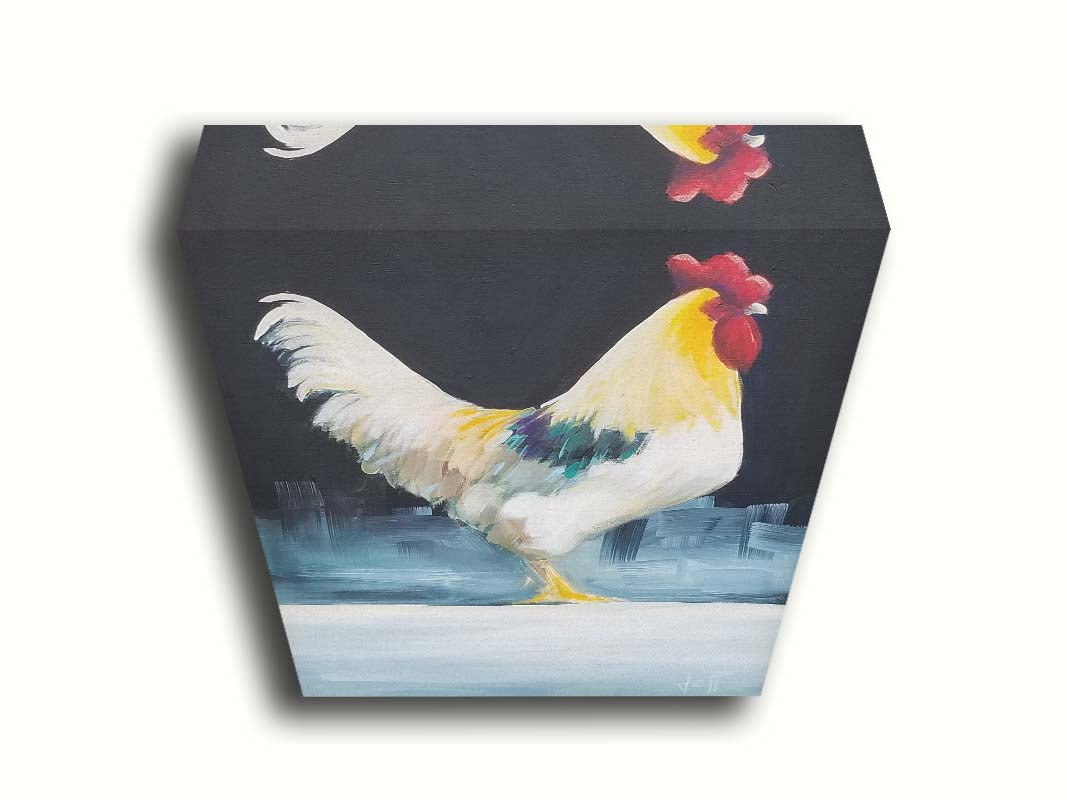 A painting of a rooster in soft lighting against a dark background. Printed on canvas.