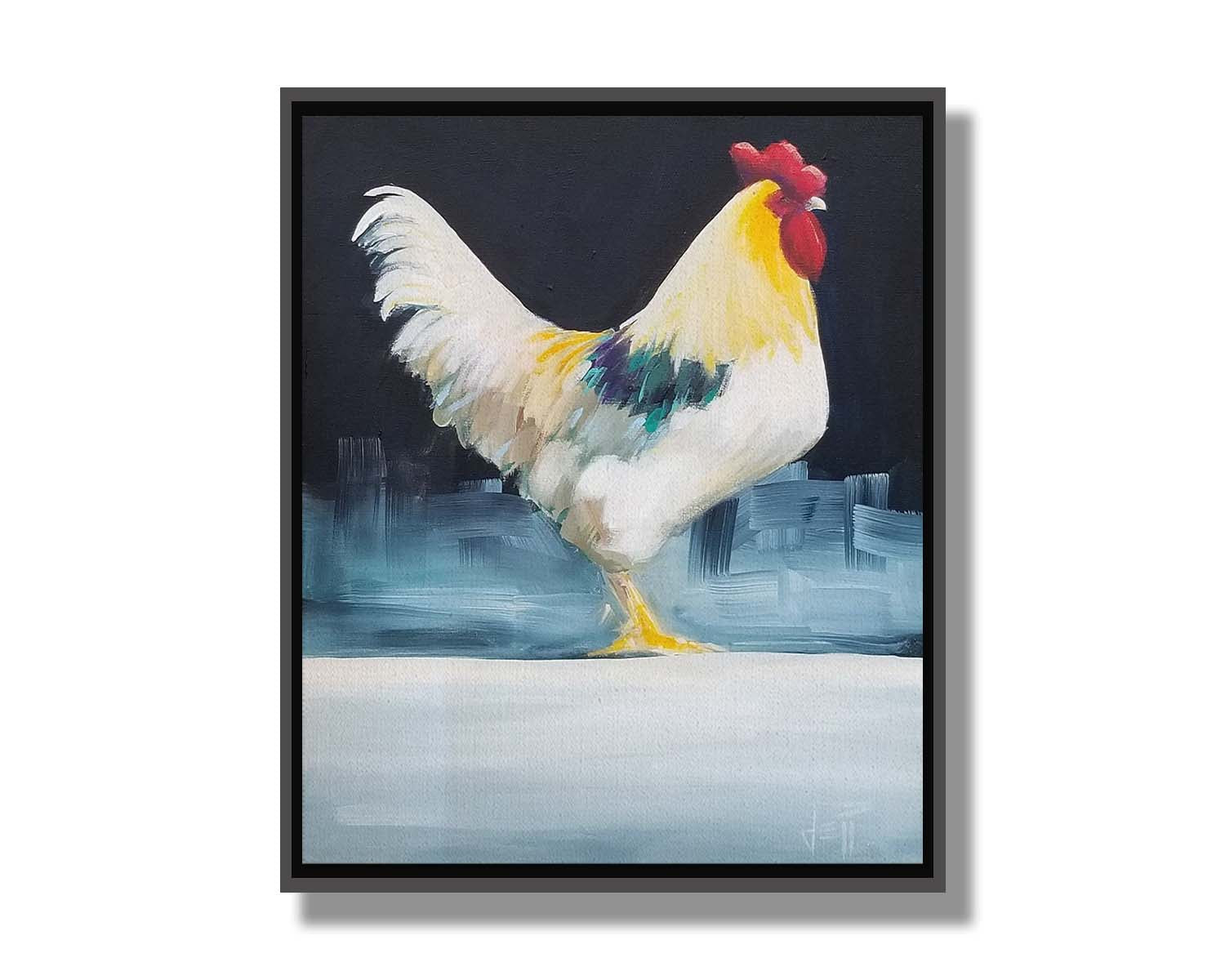 A painting of a rooster in soft lighting against a dark background. Printed on canvas in a float frame.