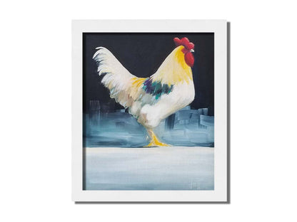 A painting of a rooster in soft lighting against a dark background. Printed on canvas and framed.