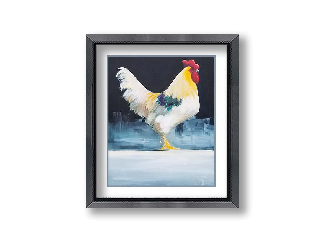 A painting of a rooster in soft lighting against a dark background. Printed on paper, matted, and framed.