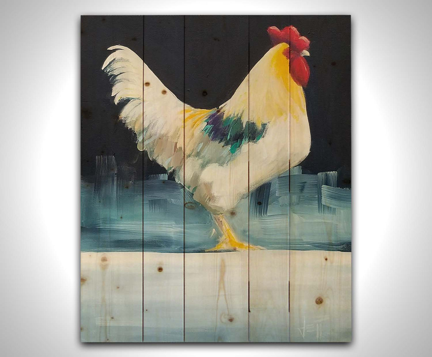 A painting of a rooster in soft lighting against a dark background. Printed on a wood pallet.