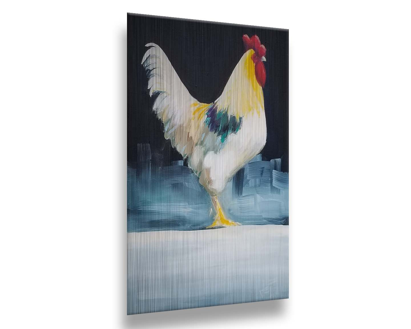 A painting of a rooster in soft lighting against a dark background. Printed on metal.