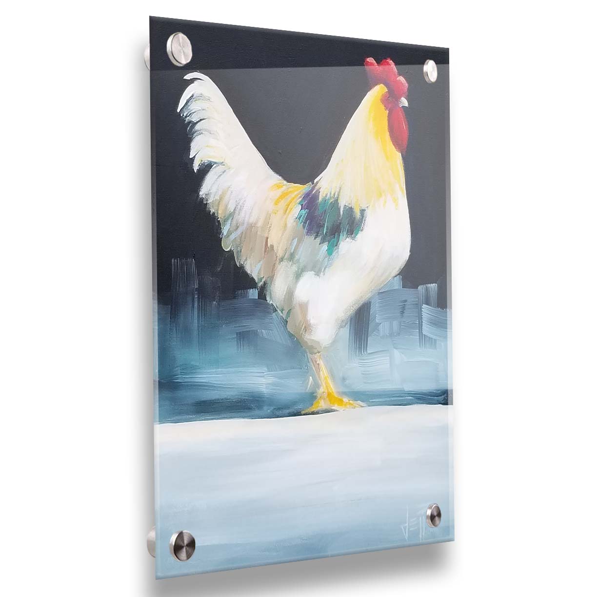 A painting of a rooster in soft lighting against a dark background. Printed on acrylic.