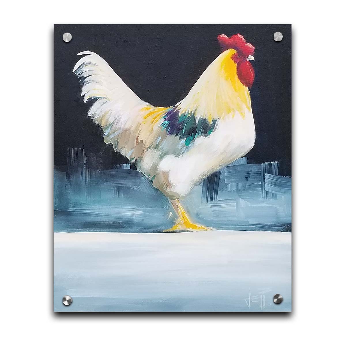 A painting of a rooster in soft lighting against a dark background. Printed on acrylic.