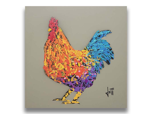 A drip painting of an orange, blue, and purple rooster on a gray background. Printed on canvas.