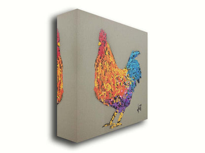 A drip painting of an orange, blue, and purple rooster on a gray background. Printed on canvas.