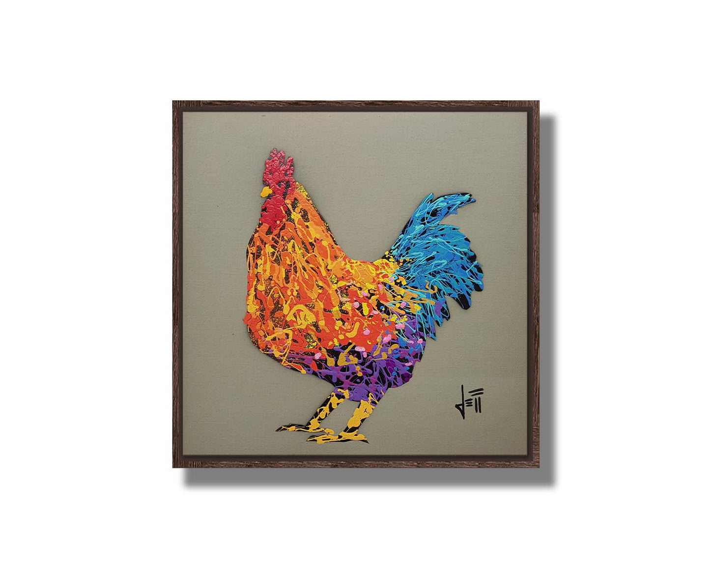 A drip painting of an orange, blue, and purple rooster on a gray background. Printed on canvas in a float frame.