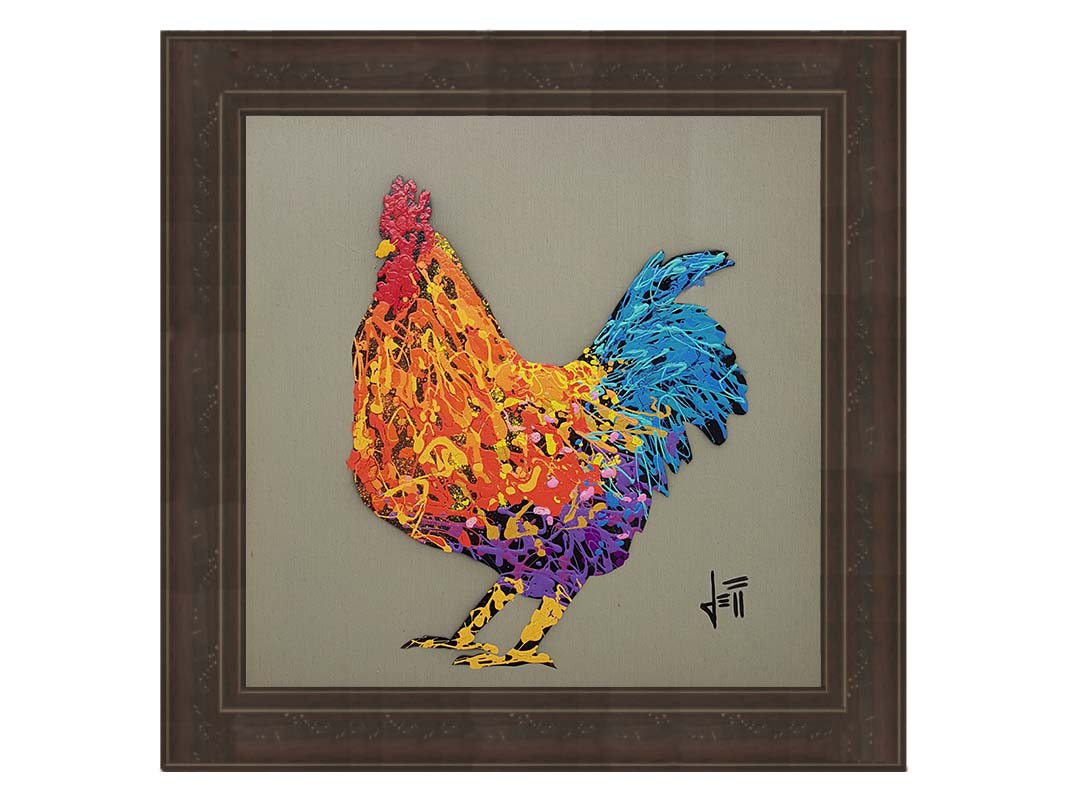 A drip painting of an orange, blue, and purple rooster on a gray background. Printed on canvas and framed.