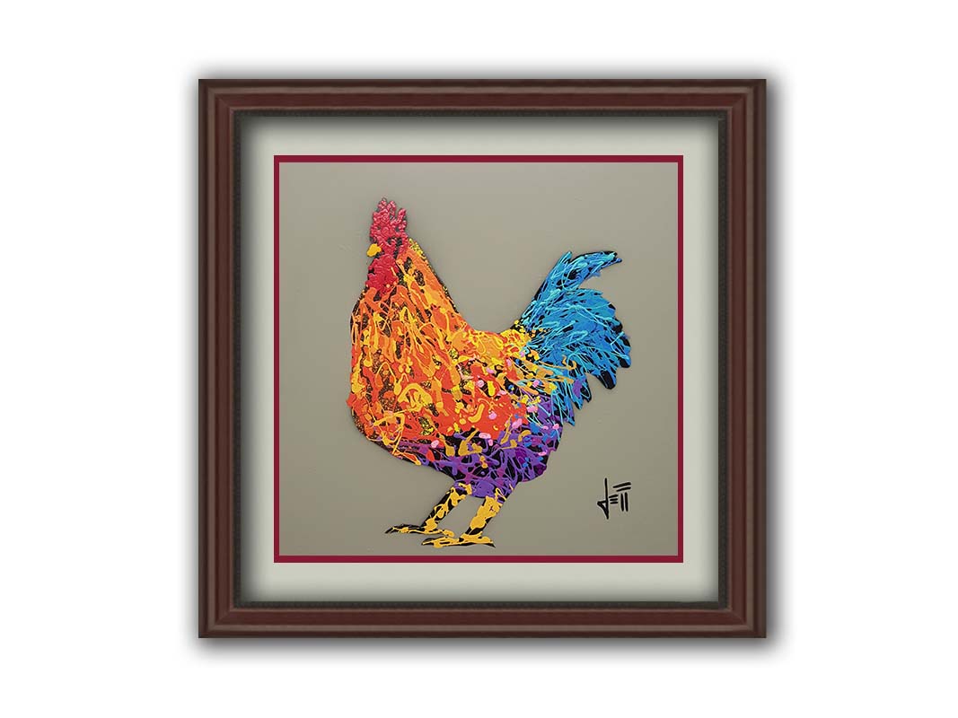 A drip painting of an orange, blue, and purple rooster on a gray background. Printed on paper, matted, and framed.